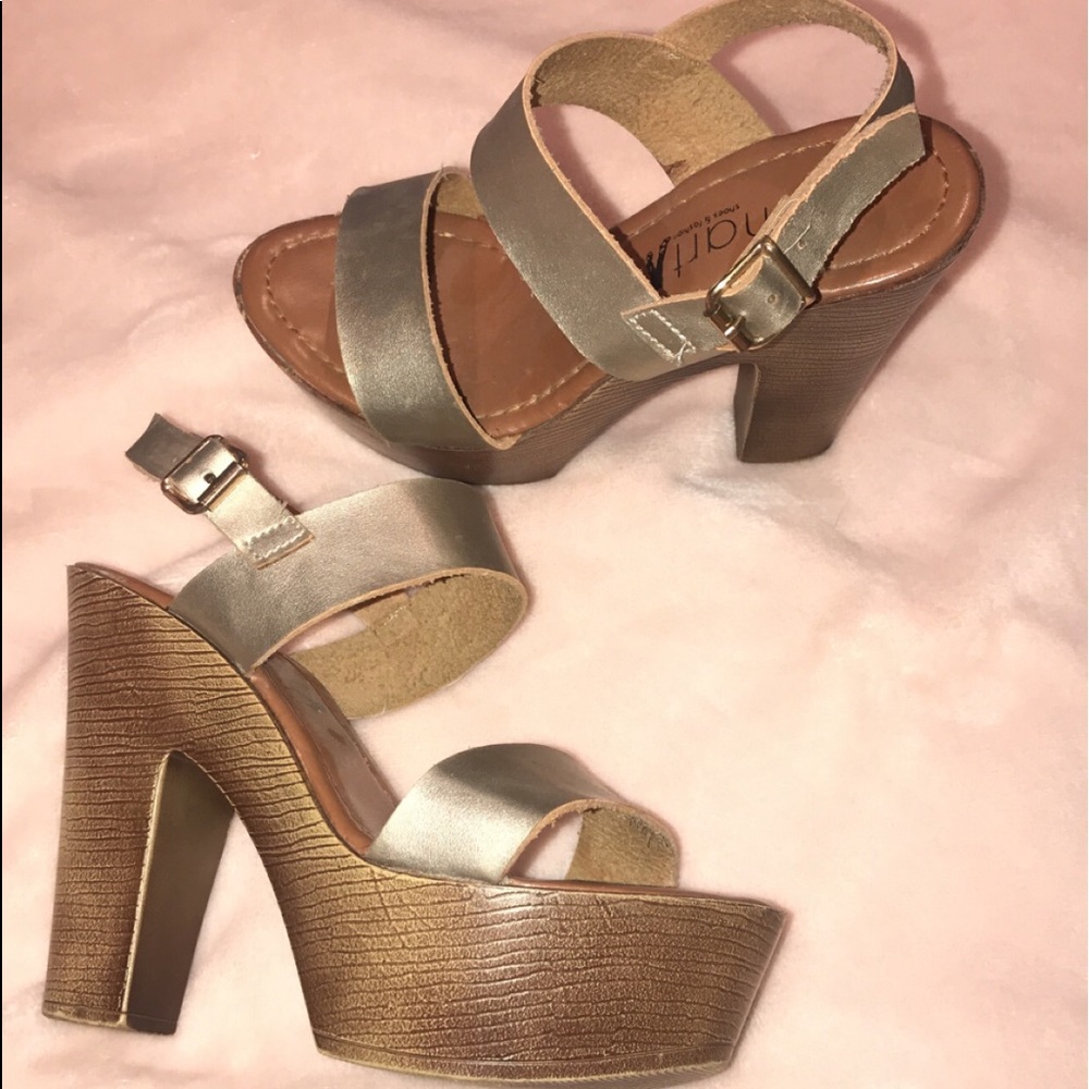 Bronzed wooden heeled sandals